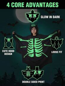 Kids Glow-In-The-Dark Bat Cape Set | Halloween Glow Skeleton Costume, Festival Performance Outfit, Dark Character Cosplay - Black - View 4