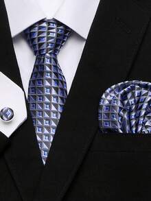 AlanKing 3pcs/Set Burgundy Striped Men's Tie, Pocket Square And Cufflinks, Business Suit Accessories For Office Wear - Color Mixing - View 3