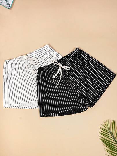 2 chiếc quần short dệt kim kẻ sọc đen trắng dáng rộng dành cho nữ, có dây rút, thích hợp cho mùa xuân, hè và thu.