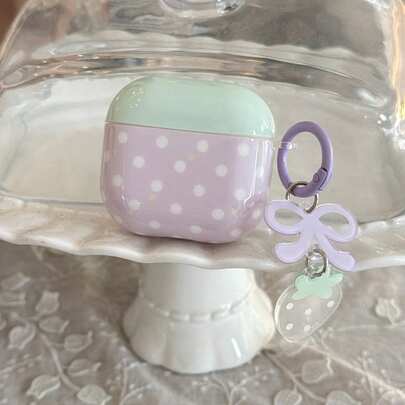 Cute Minimalist Purple Polka Dot Bow Strawberry Pendant Earphone Case Suitable For AirPods Pro 3, New Pro 2, Adorable Apple 4 Minimalist 3 Personalized 1/2 Generation Earphone Case For Girls