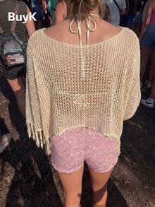BuyK [Áo] Áo khoác cardigan ngắn kiểu Bohemian Y2K gợi cảm, khoét lỗ, tua rua, màu trơn, nhẹ, kiểu áo choàng trễ vai, vạt áo bất đối xứng, thích hợp cho đi biển, lễ hội âm nhạc mùa xuân. - Màu vàng - Xem 2