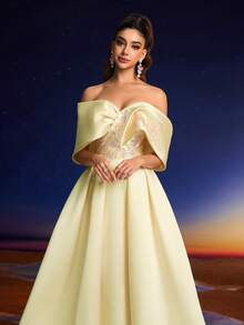 Đầm dạ hội sang trọng Anymoon với ren và sequin, họa tiết hoa 3D, thích hợp cho các buổi dạ tiệc, liên hoan và đám cưới. - Màu vàng - Xem 5