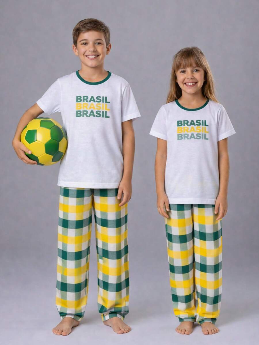 Miss Pijama Unisex Children's Short-Sleeved Pajama Set With Pants, 100% Cotton - White Checkered Pattern (Brazil) - trắng - Xem 1