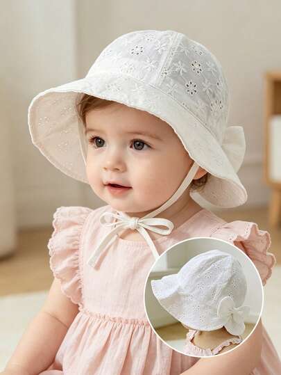 1pc Baby Girls' Hollow Embroidered Bow Sun Hat, Breathable Adjustable For Newborns And Toddlers