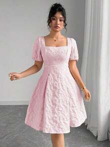Vestidos elegantes de manga abombada con cuello cuadrado y estampado floral jacquard para mujer de talla grande. Vestidos elegantes, vestidos cortos de mujer para cumpleaños, vestidos de verano para el trabajo y el verano. - Rosa - Ver 4