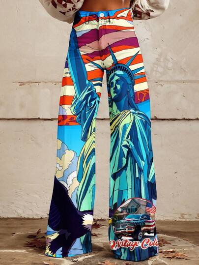 Statue Of Liberty American Flag Eagle And Truck Print Wide Leg Pants Vintage Collection