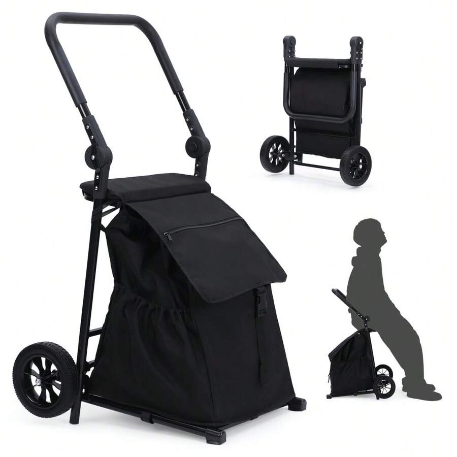 Carrito de compras plegable 2 en 1 con asiento – Carro utilitario de alta resistencia – Bolsa impermeable desmontable, mango ajustable, ruedas para todo terreno – Soporta hasta 150 kg – Perfecto para jardín, mercado, lavandería y viajes - Negro - Ver 1