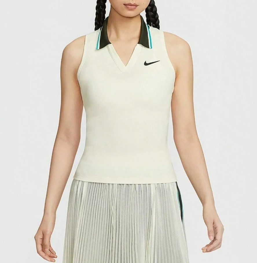 Nike 女士透气网球训练无袖Polo衫，夏季新款 - 米白色 - 查看 1