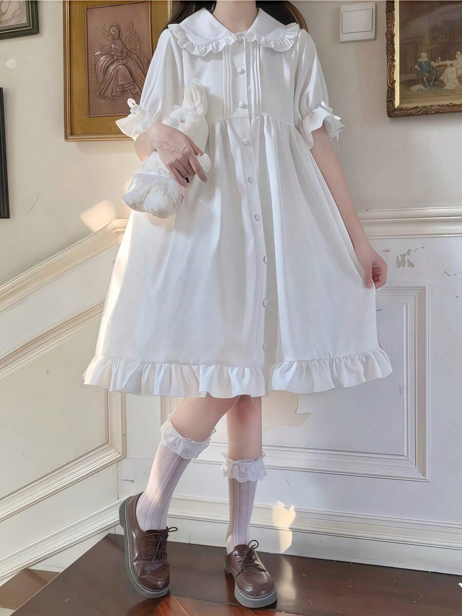 1pc Lolita Style Peter Pan Collar Bowknot Puff Sleeve Ruffle Hem Dress, Suitable For Daily Wear In Summer Halloween Spring - Multicolor - View 1