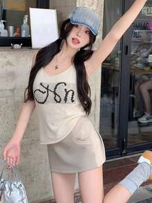 女士针织吊带背心，夏季简约性感辣妹无袖上衣 - 杏色 - 查看 6