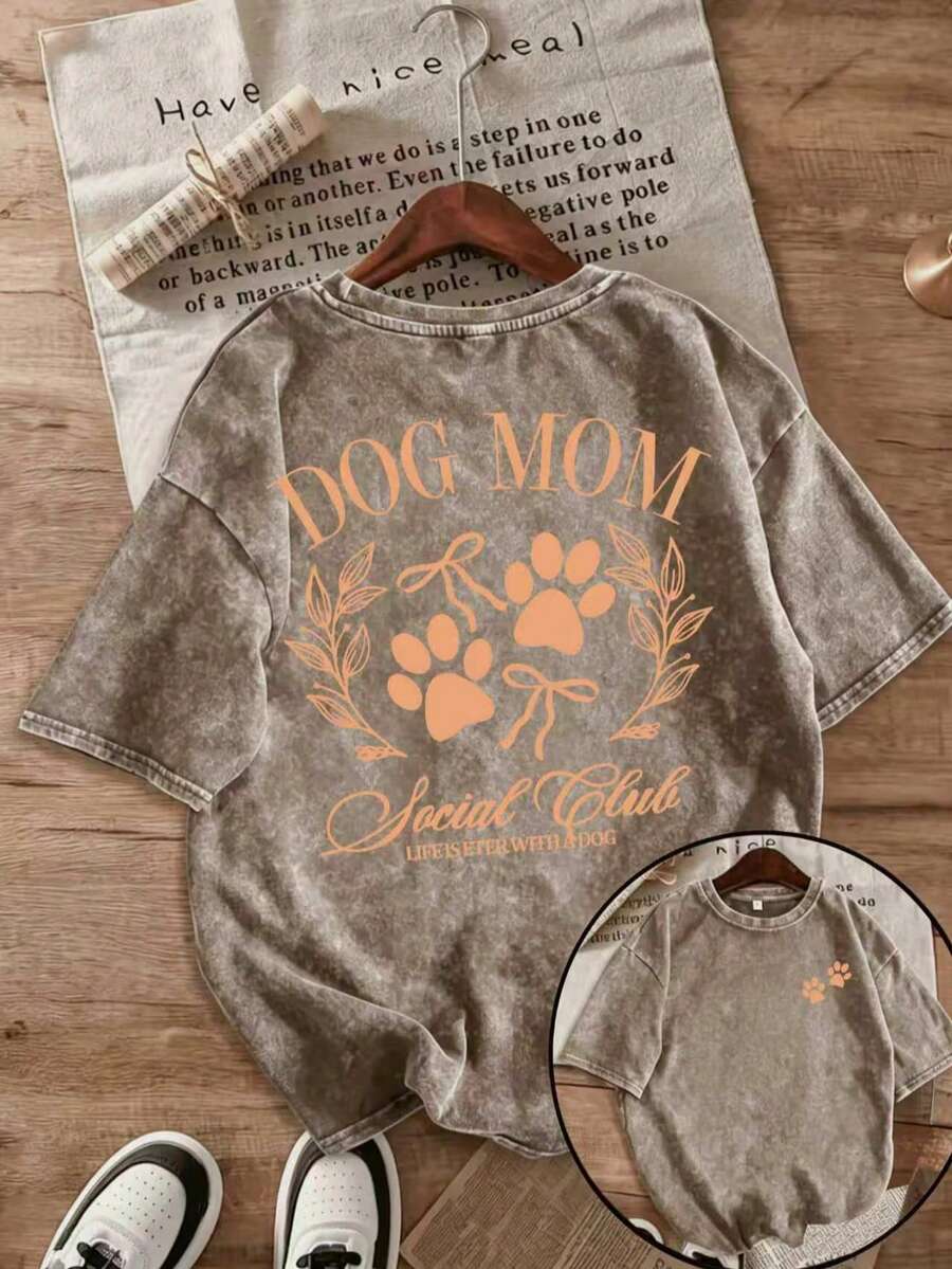 1pcs Women's Vintage Washed Soft Anime & Dog Mom Graphic T-Shirt,Paw Print & Social Lettering, Pet Lover Top-Back To School Shirt - 棕色 - 查看 1