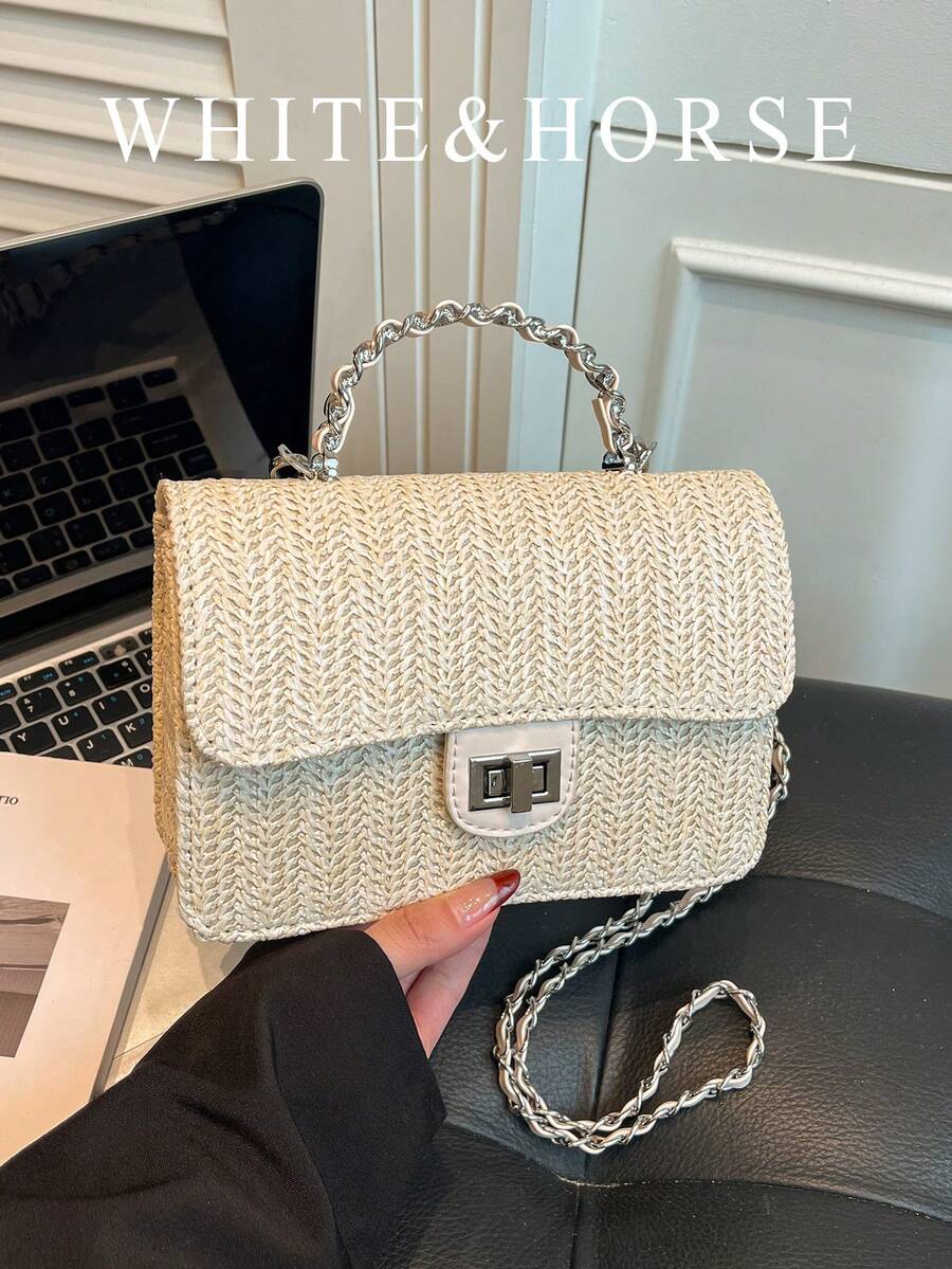 女士编织草编包，新款多功能斜挎沙滩包，优雅链条腋下小方包 - 米色 - 查看 1