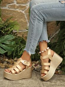 Women's Platform Thick Strap Sandals, Dark Fashionable,Gladiator Sandals,Summer Sandals - Gold - View 3