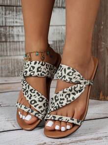 NANBEI ZUO Nuevas sandalias de playa de mujer con estampado de leopardo de un solo tirante, estilo de resort de moda casual planas, pantuflas minimalistas ligeras para interiores/exteriores con cierre deslizante - Beis - Ver 1