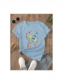 Plus Size Cotton Summer T-Shirt For Women. Unisex Size. YOCASA Women's Casual Summer T-Shirt With A Round Neck, Fitted Short Sleeves, And An Oil Painting Print Featuring Flowers, Hearts, Cherries, And Lettering. Simple And Casual Fabric, Sporty Style, Ideal For Everyday Wear And Valentine's Day Dates. 1 Pc, Pure Heavy, 95% Polyester 5% Spandex. Sweat-Wicking Material, Soft And Skin-Friendly. - 藍色 - 查看 3