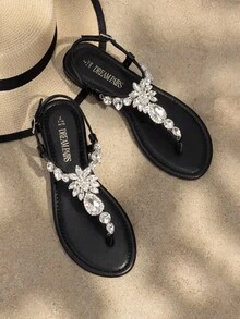 Flat Sandals For Women Dressy Rhinestone T-Strap Thong Flat Sandals For Summers Dress Beach Valentines - Black - View 1