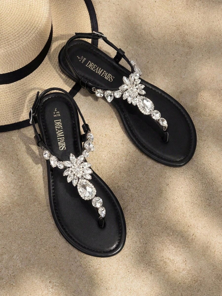 Flat Sandals For Women Dressy Rhinestone T-Strap Thong Flat Sandals For Summers Dress Beach Valentines - Black - View 1