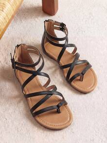 Women Gladiator Thong Sandals Summer Cross Strappy Flat Sandals With Back Zipper Casual Fashion Beach Dress Fisherman Shoes - 黑色 - 查看 1