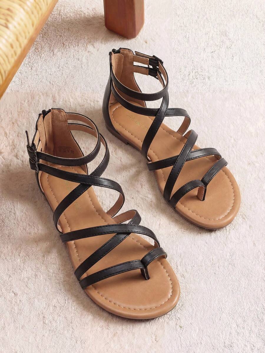 Women Gladiator Thong Sandals Summer Cross Strappy Flat Sandals With Back Zipper Casual Fashion Beach Dress Fisherman Shoes - 黑色 - 查看 1