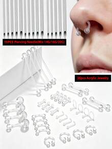 24 PIEZAS/51 PIEZAS Kit de perforación con retenes de plástico, barra industrial, arete de ceja, labio, nariz, Daith, Labret en forma de L transparente con kit de aguja de perforación - Ver 9