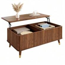 Modern Retro Coffee Table, Height-Adjustable Tabletop, Wave Structure, Walnut Look, Wooden Legs, Large Storage Space, Multifunctional Living Room Table - Walnut - View 1