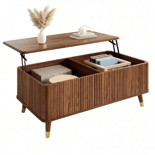 Modern Retro Coffee Table, Height-Adjustable Tabletop, Wave Structure, Walnut Look, Wooden Legs, Large Storage Space, Multifunctional Living Room Table - Walnut - View 1