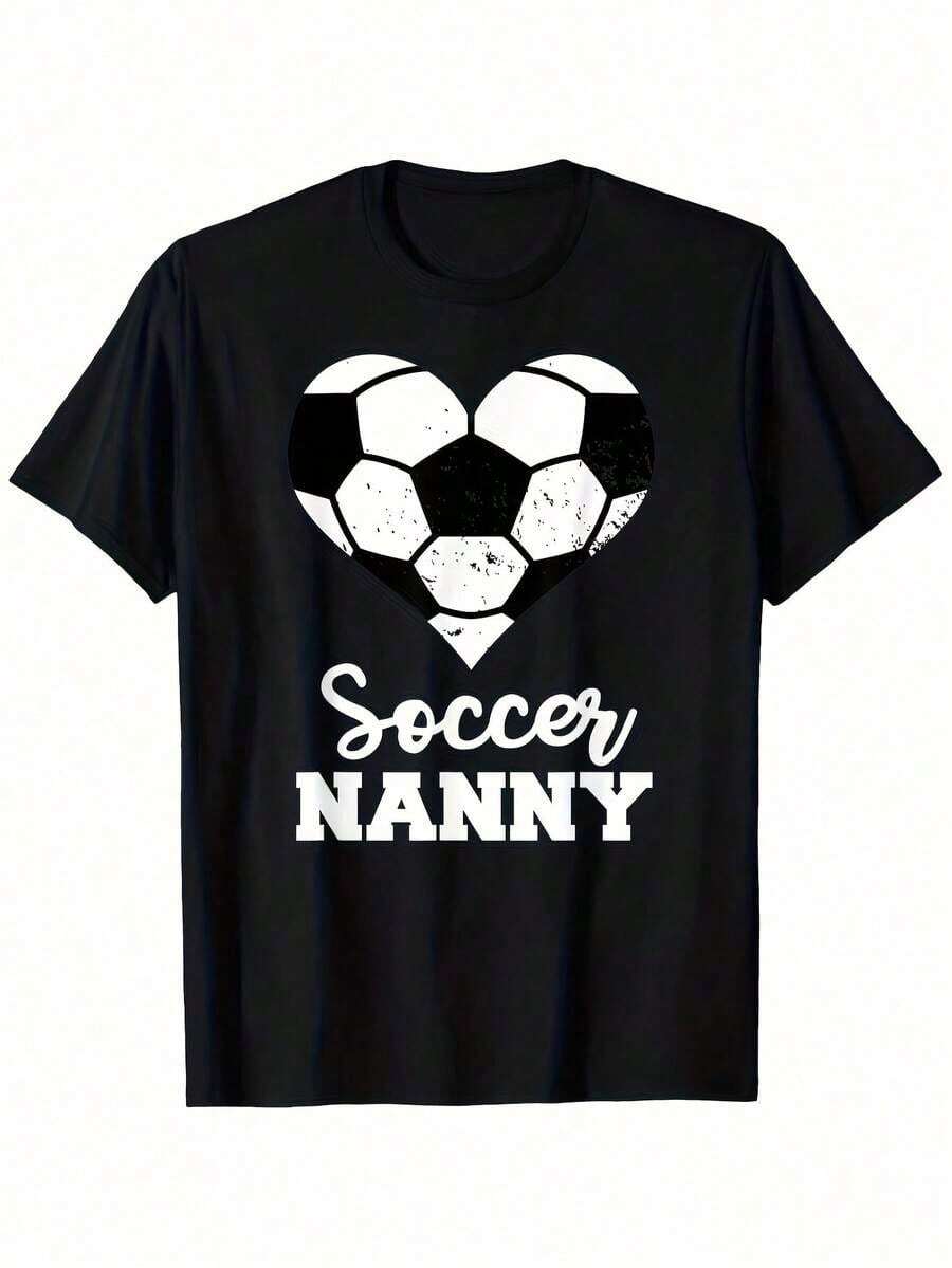 Camisetas Gráficas para el Día del Partido, Camiseta Retro de Fútbol para Hombre con Balón de Fútbol de Corazón Blanco y Gráfico del Logo Nanny, Ropa Divertida para Aficionados, Camiseta Casual de Cuello Redondo para Jugadores y Seguidores de Fútbol, Lavable a Máquina, Ajuste para Todas las Temporadas, Camiseta de Verano 2026, Camiseta Estampada de Manga Corta, 100% Algodón Vintage - Negro - Ver 1