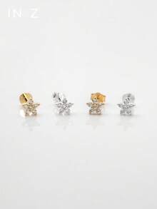 IN Z 1pc 5-Petal Flower CZ Stone Screw Back Earring, 925 Sterling Silver CZ Stud Earring, Unisex Daily Wear, Sold Individually - Multicolor - View 4