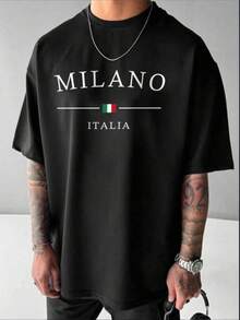 Men's Printed Drop Shoulder Relaxed Fit Round Neck T-Shirt - 黑色 - 查看 1