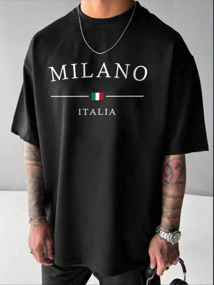 Men's Printed Drop Shoulder Relaxed Fit Round Neck T-Shirt - 黑色 - 查看 1