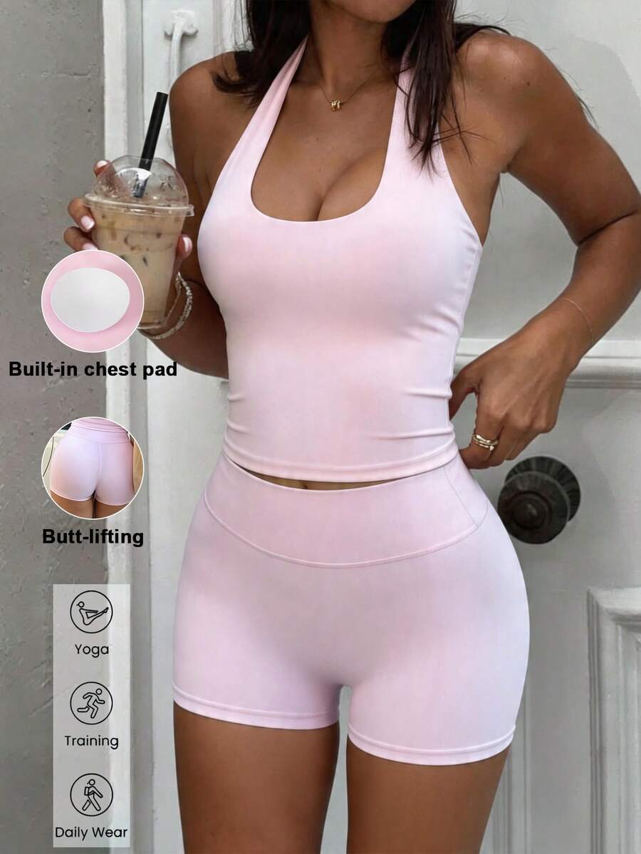 Bộ đồ thể thao nữ mùa hè Aoqta Sports màu trơn, gồm áo croptop không tay hở lưng có đệm và quần short cạp cao, phù hợp cho yoga, chạy bộ, tập luyện và mặc hàng ngày. - Hồng - Xem 1