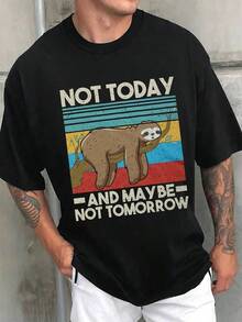 Men's Loose Fit Shirt With Colorful Sloth And Slogan Print, Short Sleeve, For Casual Activities, Gift For Friends - Black - View 2