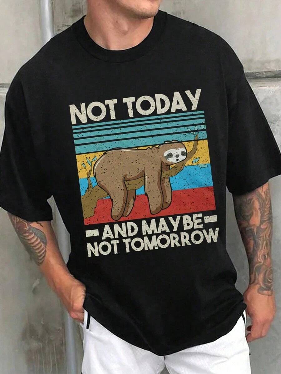 Men's Loose Fit Shirt With Colorful Sloth And Slogan Print, Short Sleeve, For Casual Activities, Gift For Friends
