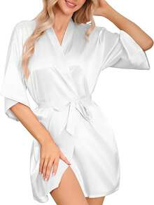 1PC Women's Solid Color Elegant Tie-Waist Autumn/Winter Robe, Sexy Short Satin Silk Soft Sleepwear, Suitable For Brides, Bridesmaids, Home Wear, Back-To-School Essential - White - View 4