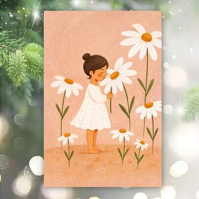 "1pc Gentle Girl With Daisies Greeting Card With Envelope (11cm16cm&4.33in6.29in) - Warm Peach Background & Whimsical Floral Design, Perfect For All Occasions, Ideal For Sending Warm Wishes, Greeting Card|Daisy Girl Art Card|Paper Greeting Card, Floral Stationery"