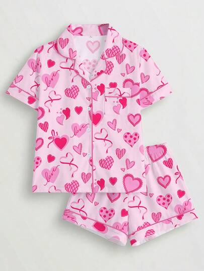 HOREA 2pcs Women's Sleepwear Set, Cute Pink Heart & Bow Print, Romantic Valentine's Day Gift, Comfortable Shirt Collar Short Sleeve Top And Elastic Waist Shorts, Suitable For Lounging, Parties, And Casual Outdoor Wear