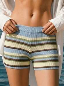 Womens Contrast Striped Knit Shorts Elastic Waist Ribbed Mini Shorts Casual Loungewear For Summer - 彩色 - View 3
