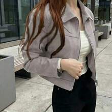 Women's Casual Solid Color Faux Suede Fleece Collar Zip-Up Short Jacket, Spring/Autumn Winter - Grey - View 2
