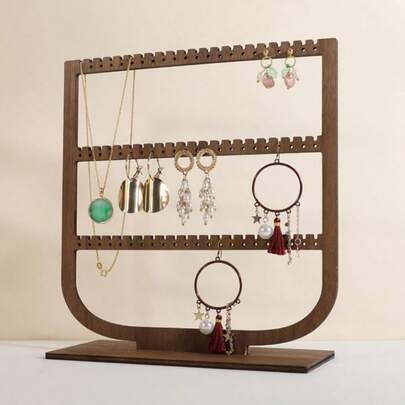 Wooden Hanging Jewelry Organizer, Walnut Jewelry Display Holder For Selling, Dangle Necklace Storage Shelf, 3/4 Tier Earring Display Stands For Selling