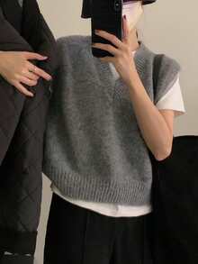 女士优雅简约V领套头毛衣背心，秋冬款 - 灰色 - 查看 3