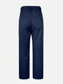 Jessefine Solid Color Waistless Button Zipper Pocket Suit Fabric Navy Blue Straight Leg Pants, Commuting Elegant Office Daily Casual Versatile Spring Summer Straight Pants - Navy Blue - View 6