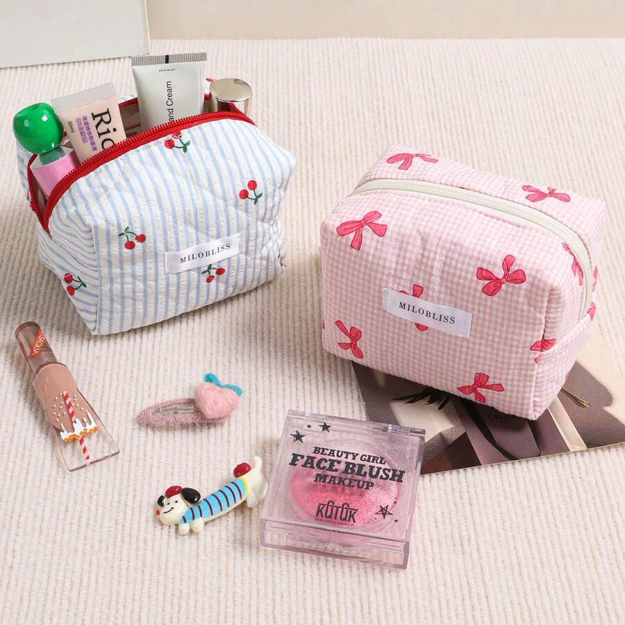 1 Peça Bolsa de Cosméticos Acolchoada Estilo INS com Decoração de Laço de Cereja, Grande Capacidade, Portátil, Organizador de Viagem Multifuncional para Viagem, Férias, Uso Diário, Vaidade, Escritório, Dormitório para Mulheres e Adolescentes, Presente Essencial para Viagem