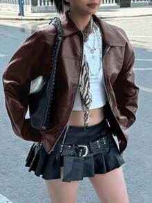 Edgy Biker Casual Loose Long Sleeve Leather Jacket For Women, Autumn/Winter Fall Cloth For Women - 咖啡棕 - 查看 1