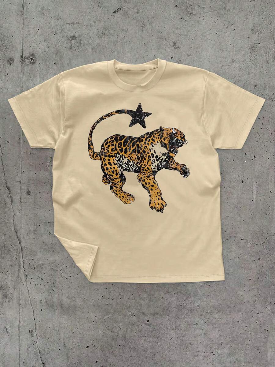 Áo thun nữ tay ngắn cổ tròn in họa tiết da báo và ngôi sao phong cách retro, thoải mái, đa năng, thời trang mùa xuân/hè, phù hợp cho cả mặc thường ngày và dạo phố, có cả size lớn dành cho nữ. - Màu Khaki - Xem 1