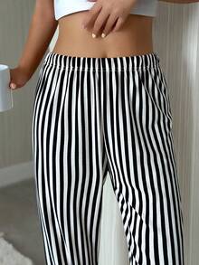 Women's Sleep Pants Loungewear 1pc, Casual Sleep Pants, Classic Striped Theme Comfortable Sleep Pants Home Pants, Comfortable For Home Use, Loose Comfortable Elastic Waistband Pants, Elegant Women's Wear For Holidays, Perfect Sleep Pants Choice - Trắng + đen - Xem 5