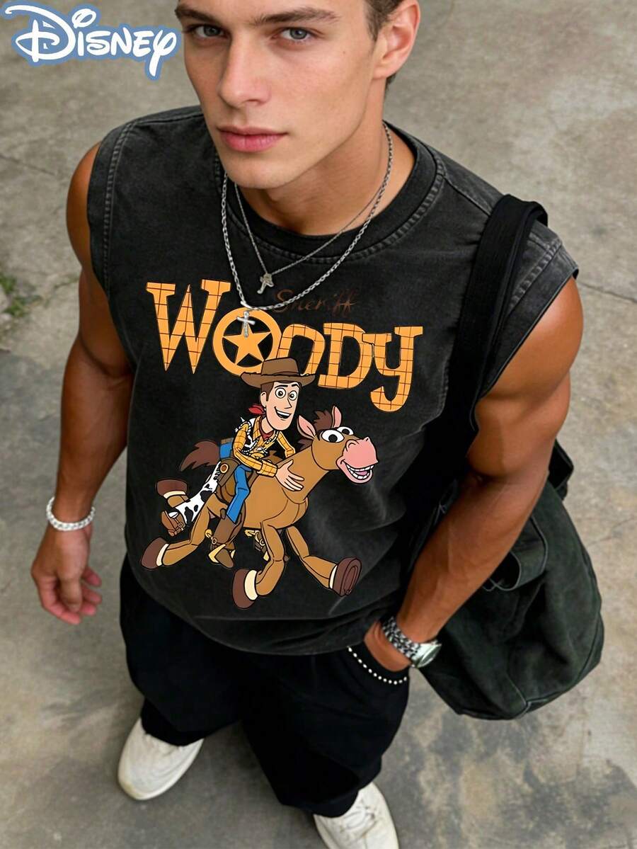 Disney Licensed Toy Story Sheriff Woody Sleeveless Tank Top, Bullseye Ride Washed Graphic Tee, Vintage Oversized Casual Muscle Shirt, Perfect For Fans & Streetwear - Black - View 1