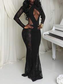 Women's Vintage Party Elegant Black Backless Criss-Cross Bodycon Dress, Long Sleeve Contrast Lace & Sheer Mesh Details - Black - View 16