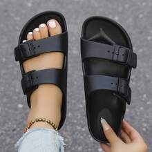 Women's Comfy Slip-On Slippers, Solid Color, Basic Style, Fashion Casual, Buckle Flat Sandals For Beach Resort Spring Summer Autumn - Black - View 13