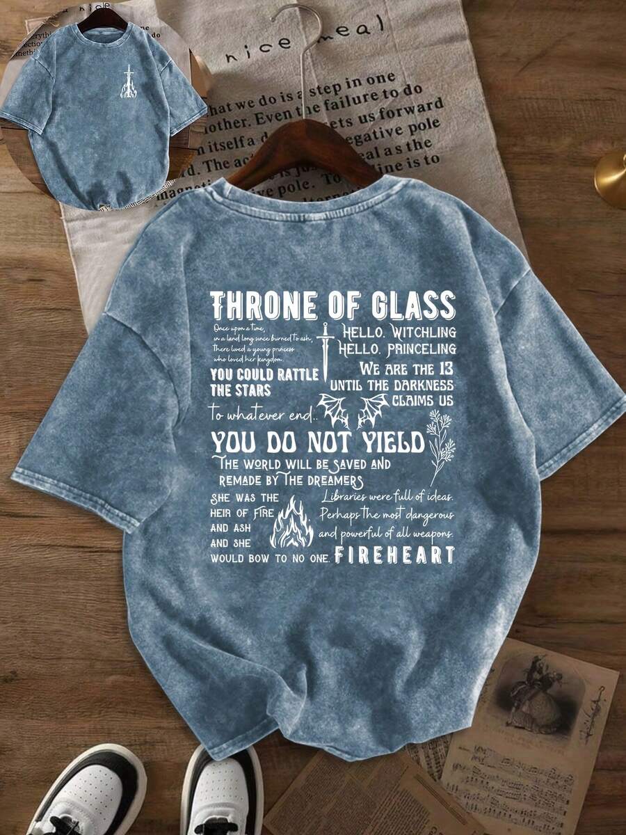 Glass Throne Printed Washed T-Shirt, Short-Sleeved Round Neck Casual Top, Suitable For Spring And Summer Wear, Women's Clothing. - Màu xanh lam - Xem 1