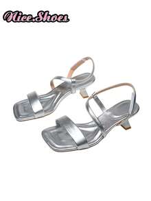 New Summer Open Toe Strap Backstrap Thin High Heel Sandals, Minimalist Elegant Style For Daily, Work, Commute, Available In Black, Silver, White - Silver - View 6